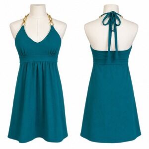 VTG. Victorias Secret Gold Chain‎ Halter Bra Top Dress M Teal Babydoll Y2K Bratz
